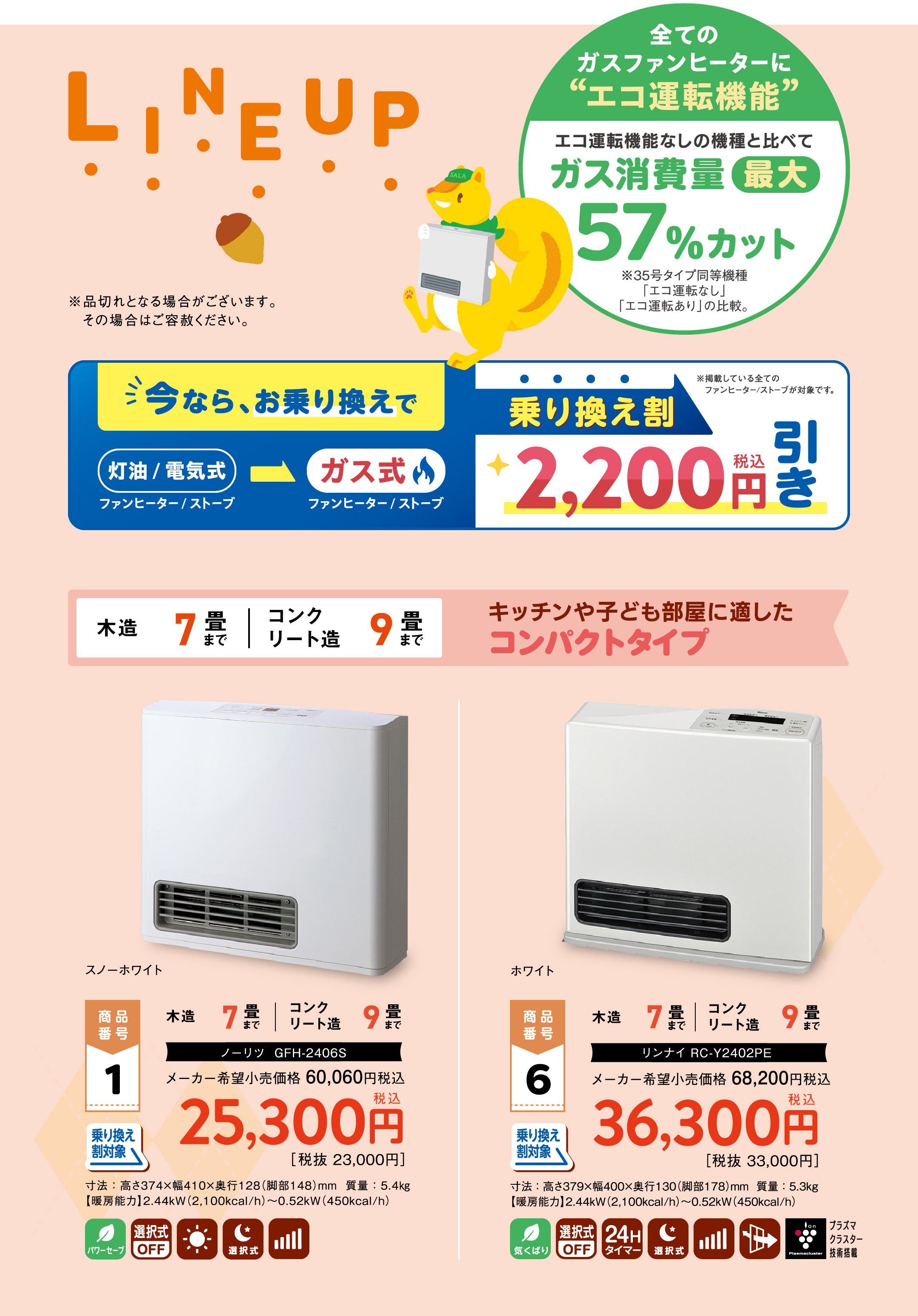 LINEUP　全てのガスファンヒーターに“エコ運転機能”がついています。