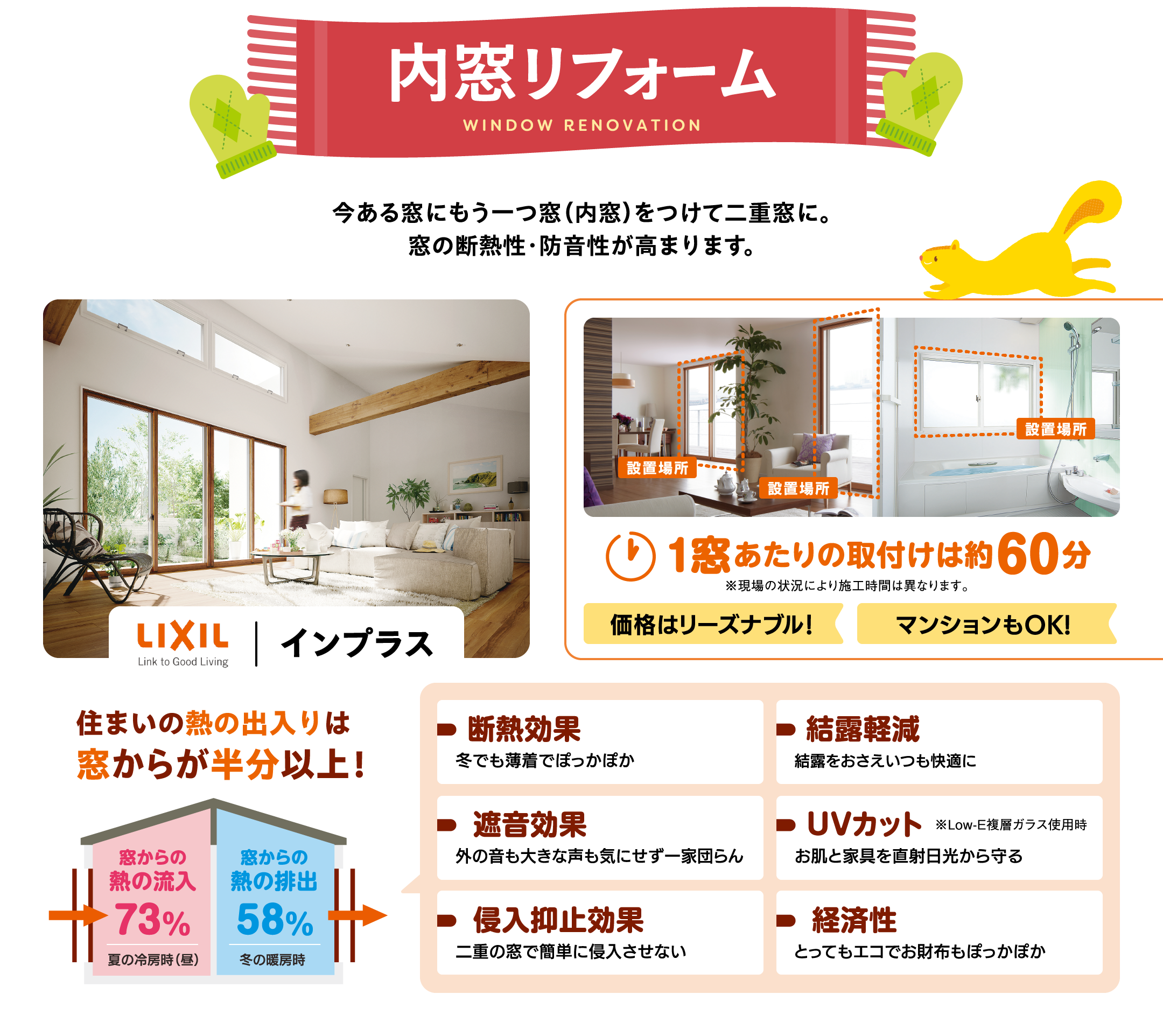 内窓リフォーム｜今ある窓にもう一つ窓（内窓）をつけて二重窓に。
窓の断熱性・防音性が高まります。